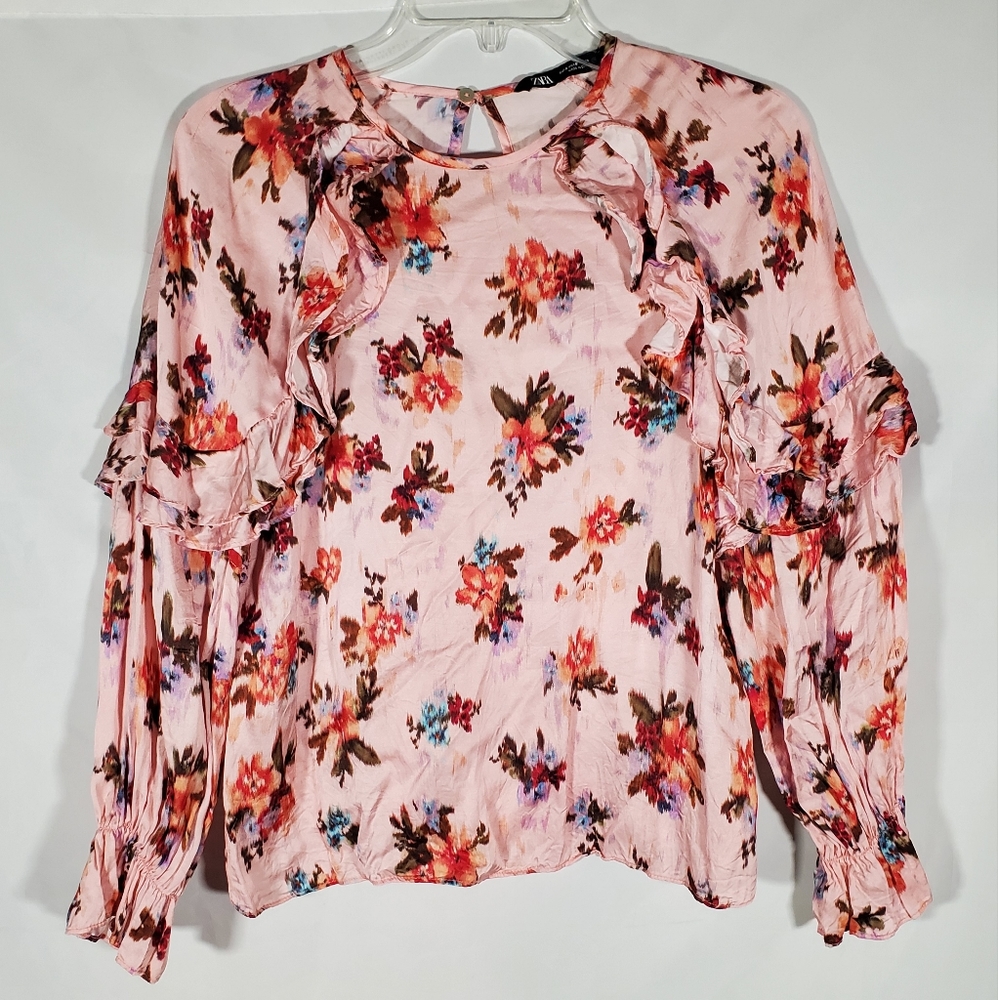 ZARA ROSE PINK FLORAL PRINTED BLOUSE LONG SLEEVE RUFFLED FRONT
